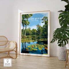 De Leon Springs Lily Pads on Water Print - Florida Natural Spring Wall Art in a modern living room setting.