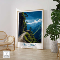 Death Road Bolivia Mountain Art Print | Yungas Camino Poster showcasing a scenic view of a winding road in a stunning mountain landscape.