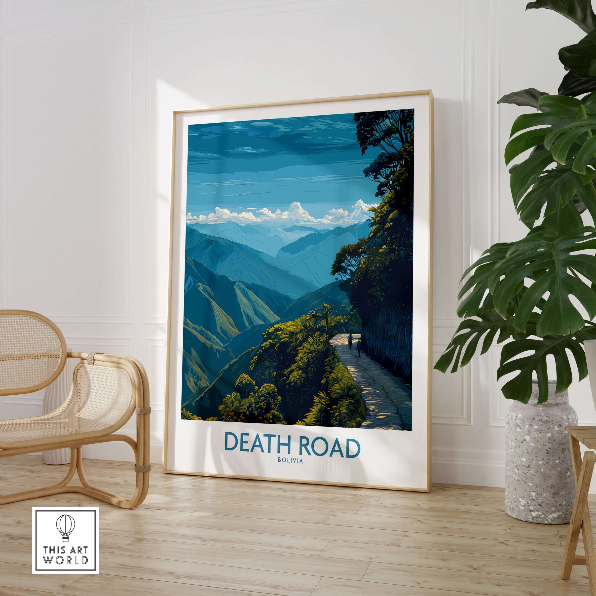 Death Road Bolivia Hiking Trail Art Print | Camino de la Mortes Poster displayed in a modern interior setting.