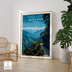 Death Road Yungas Adventure Scenic Print | Bolivian Travel Wall Decor displayed in a modern living room setting.