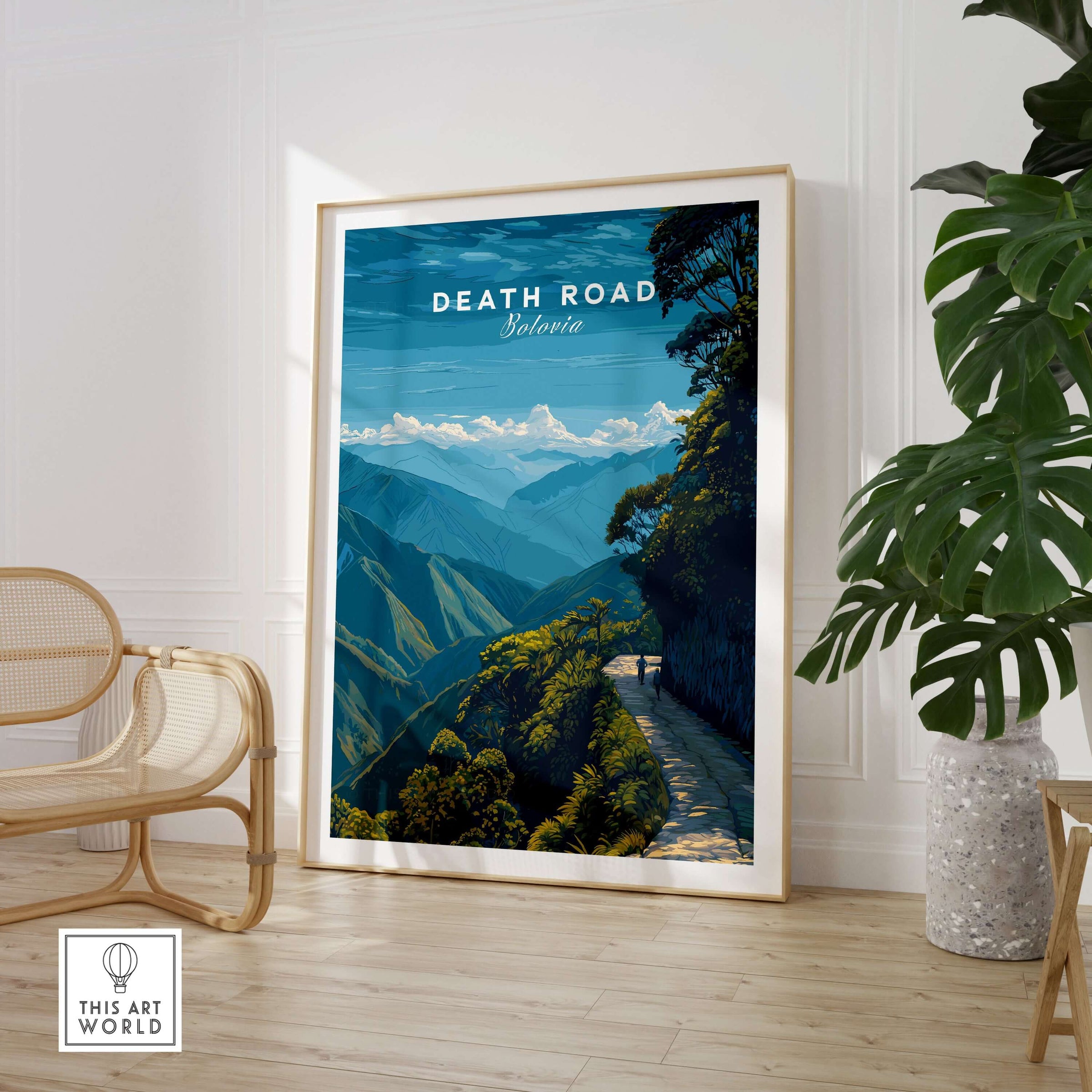 Death Road Yungas Adventure Scenic Print | Bolivian Travel Wall Decor displayed in a modern living room setting.