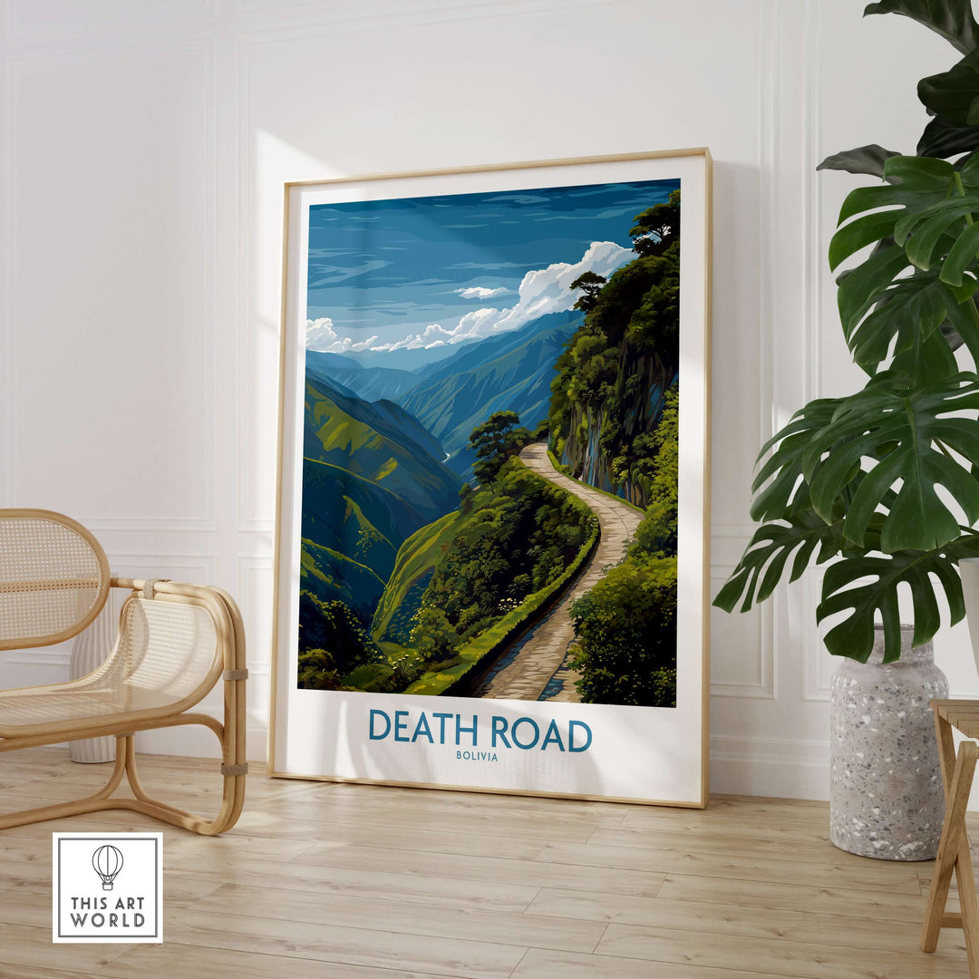 Death Road Bolivia Art Print | Yungas Road Poster displayed in a stylish interior with greenery and furniture.