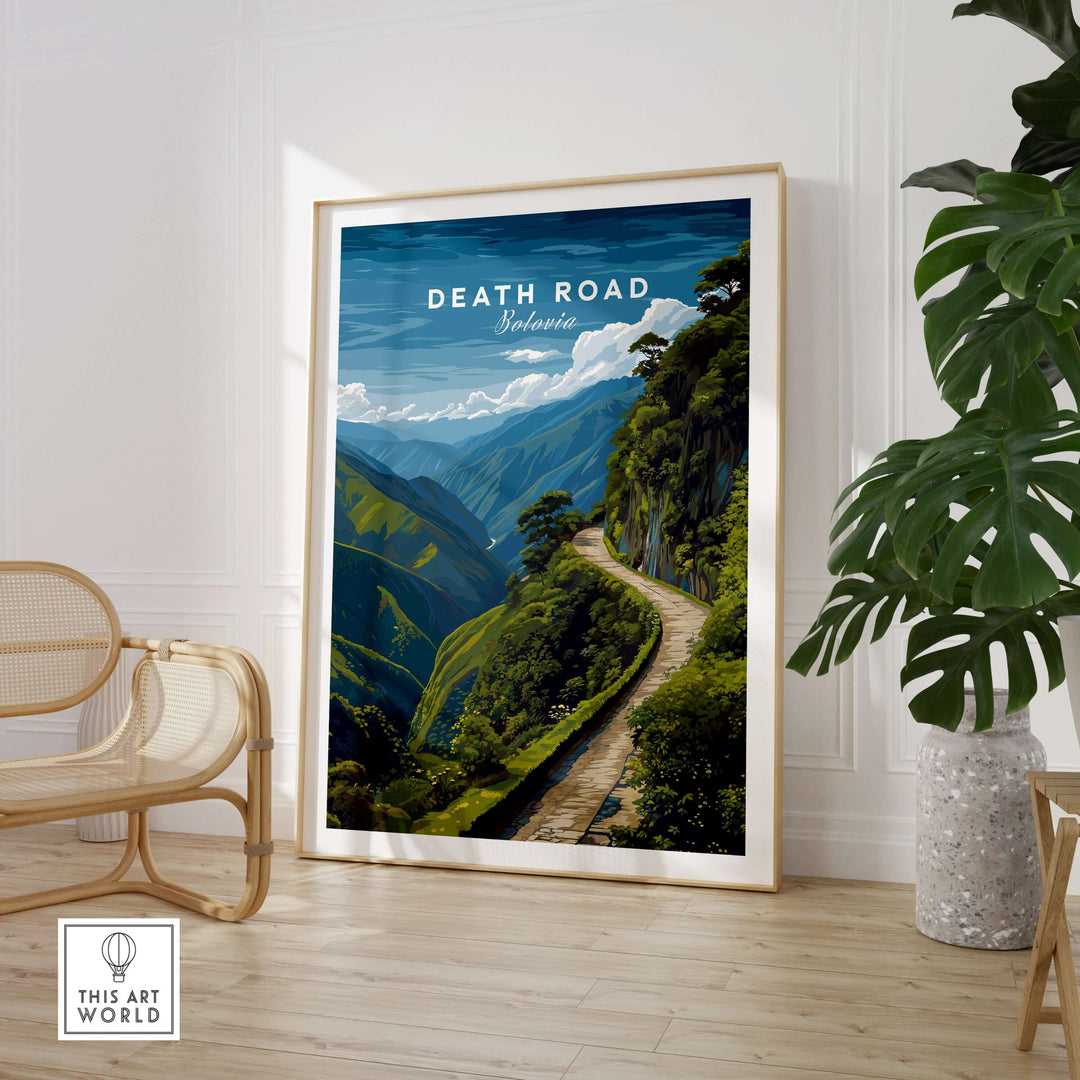 Death Road Andes Print | Yungas Road Poster showcasing a scenic mountain road through the Andes.