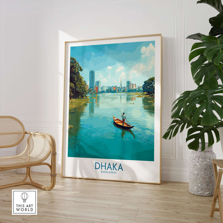 Dhaka Buriganga River poster showing a serene cityscape and a boat in tranquil waters, perfect for Bangladeshi decor.