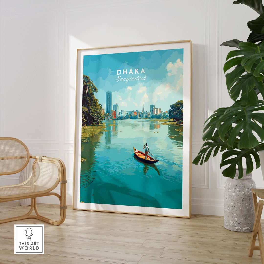 Dhaka city view poster featuring a serene river scene and urban skyline, ideal for modern waterfront wall art.