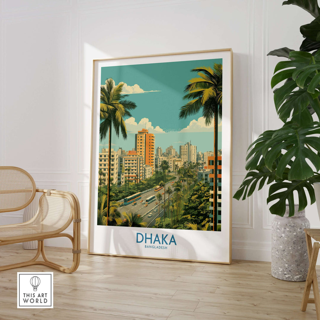 Dhaka cityscape wall art featuring vibrant urban landscape and palm trees, ideal for modern home décor.