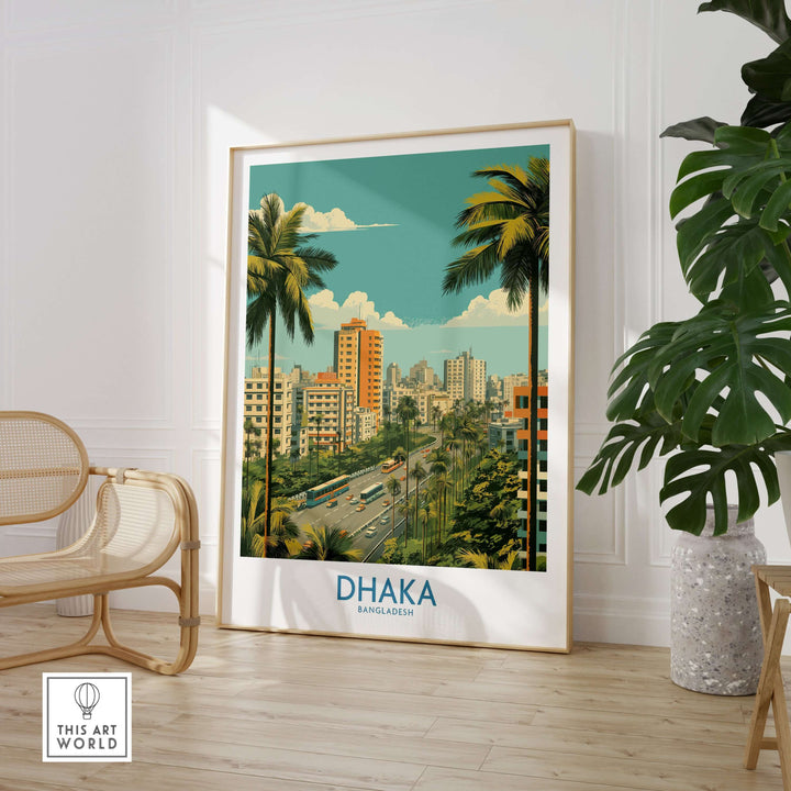 Dhaka cityscape wall art featuring vibrant urban landscape and palm trees, ideal for modern home décor.