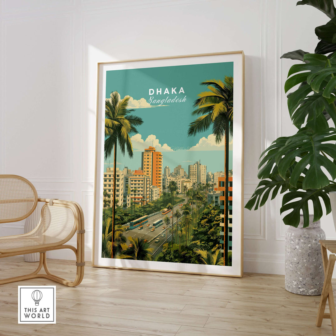 Dhaka Bangladesh modern city landscape poster showcasing vibrant urban life and skyline with palm trees.