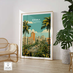 Dhaka Bangladesh Poster - Modern City Landscape Print in a contemporary setting with palm trees and urban skyline.
