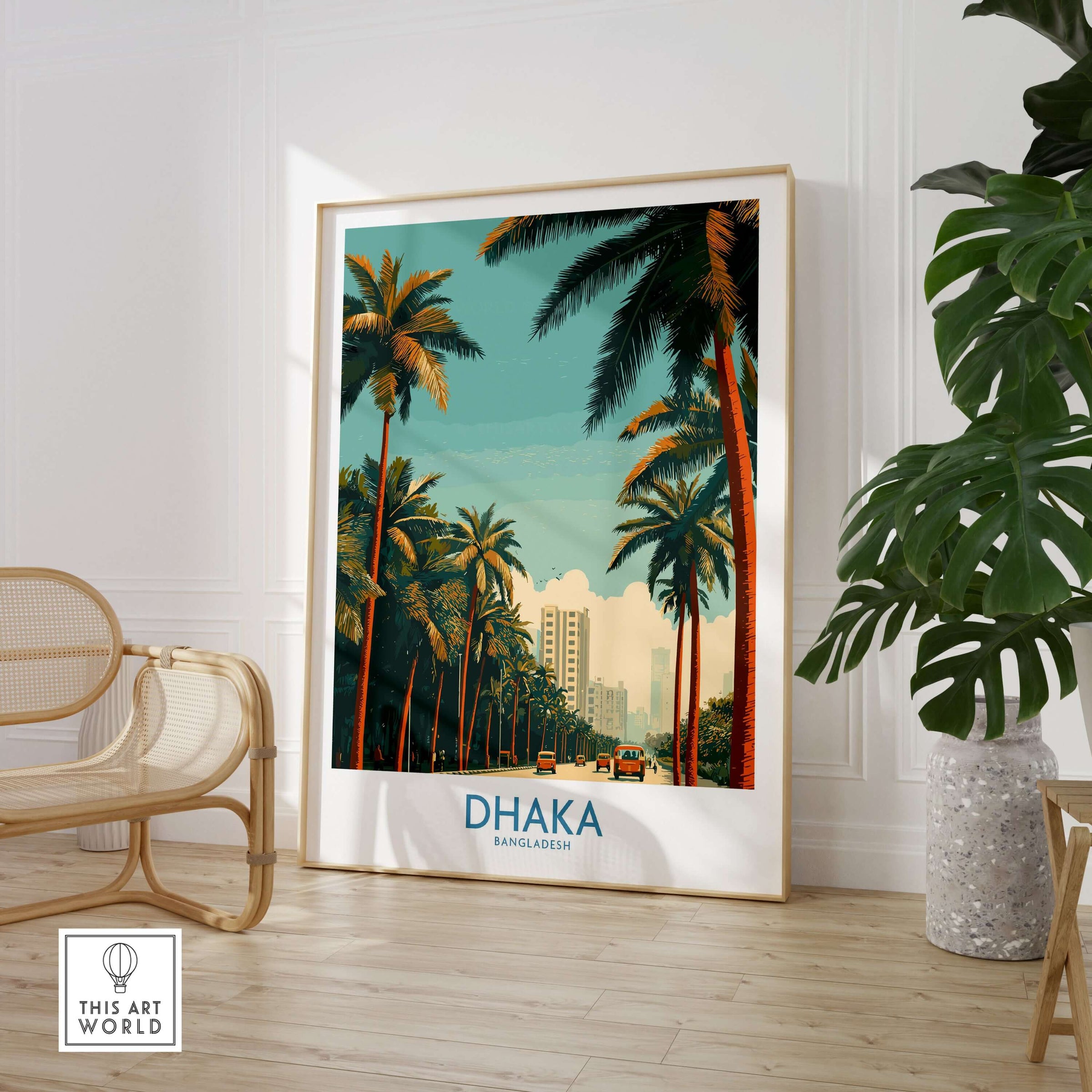 Dhaka Bangladesh Poster - Bangladeshi Travel Scene showcasing vibrant palm trees and urban skyline.