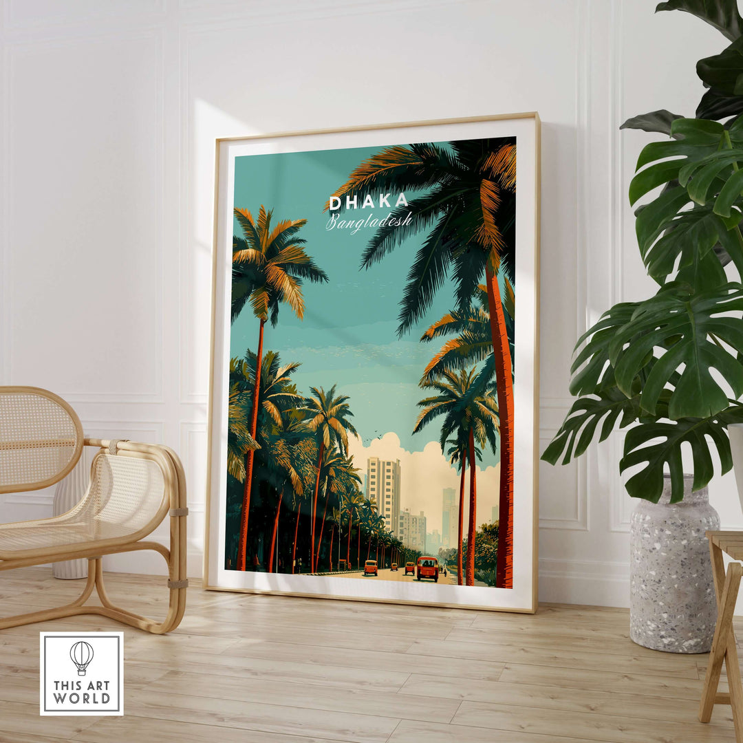 Dhaka Bangladesh print featuring city palms and skyline, vibrant wall art for lively home decor.