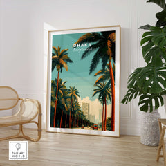 Dhaka Bangladesh Print - City Life Wall Art featuring palm trees and urban scenery in a stylish living room setting.