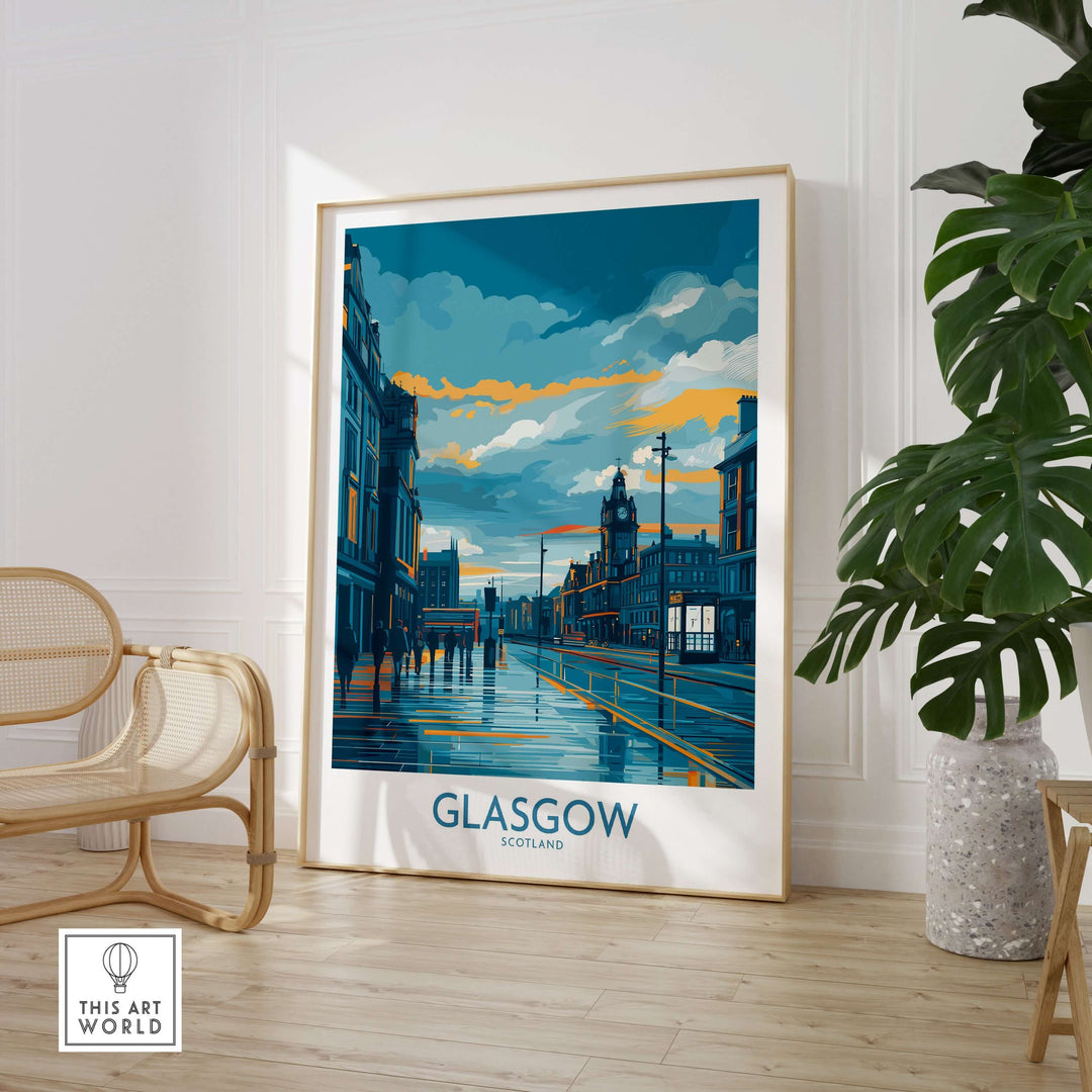 Glasgow cityscape poster featuring iconic architecture and vibrant colors, showcasing Scotland's rich heritage.