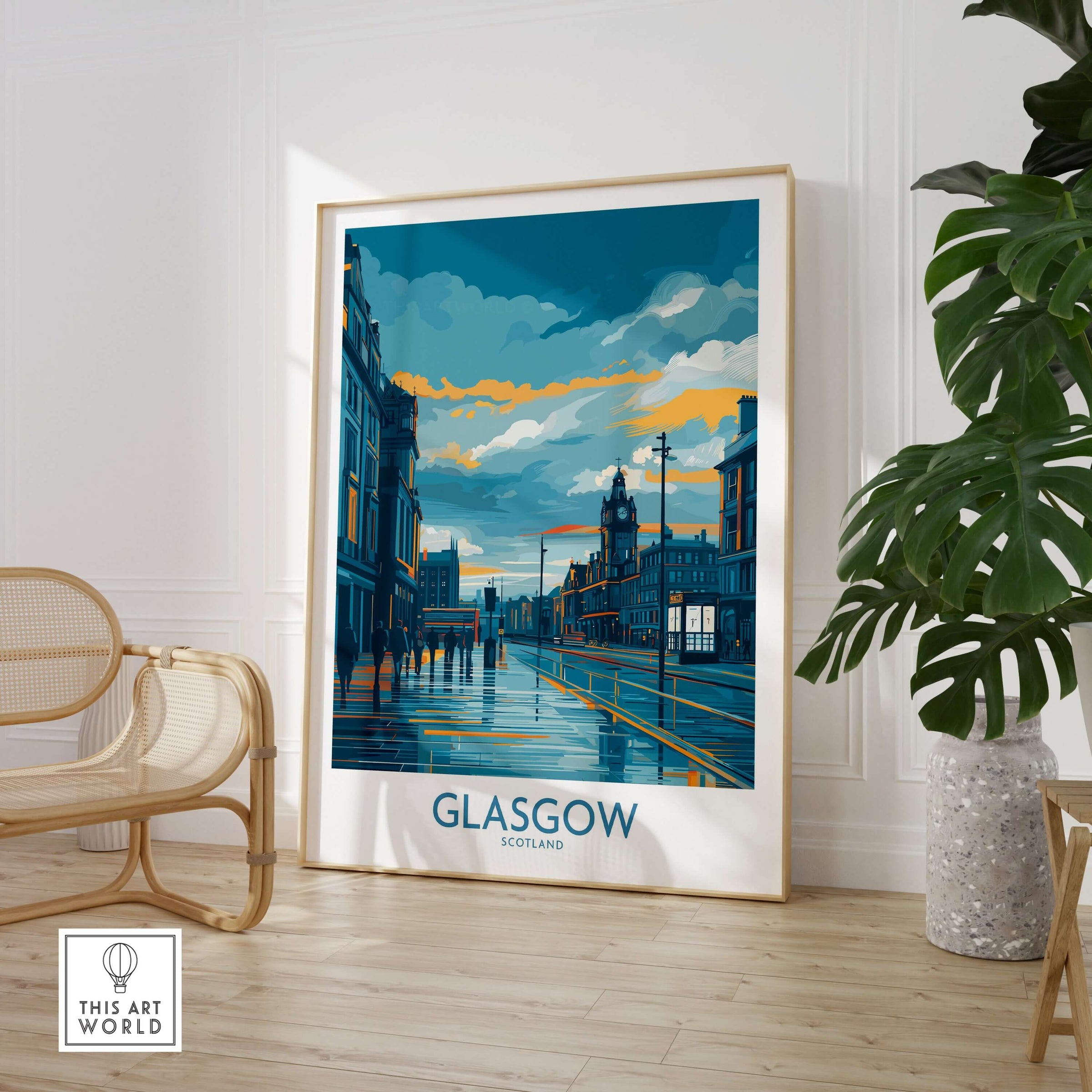 Glasgow Clock Tower Cityscape Poster - Scottish Travel Decor showcasing a vibrant urban scene with a historic landmark.