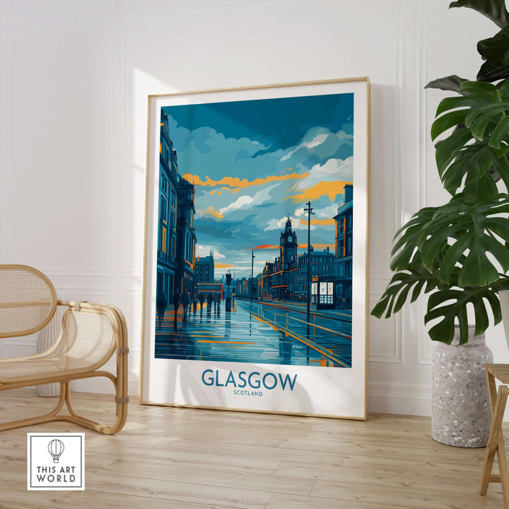 Glasgow cityscape poster featuring iconic architecture and vibrant colors, showcasing Scotland's rich heritage.