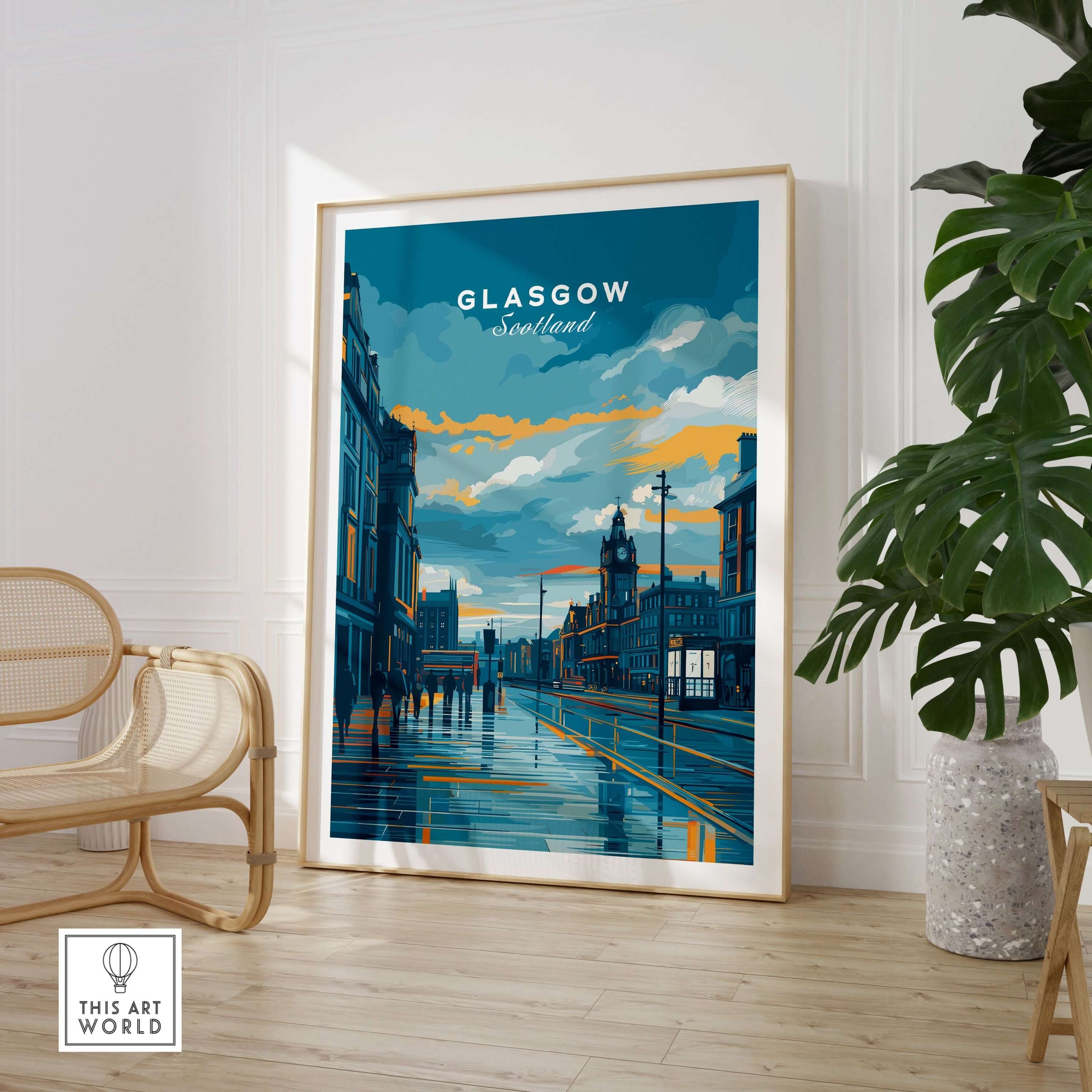 Glasgow City Street at Dusk Print - Scotland Wall Art showcased in a modern living room decor.
