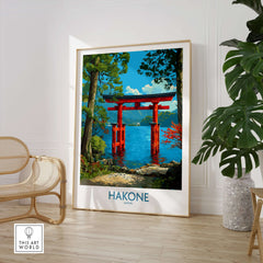 Hakone Japan Iconic Torii Print - Japanese Scenic Landscape Decor showcased in a modern interior setting.