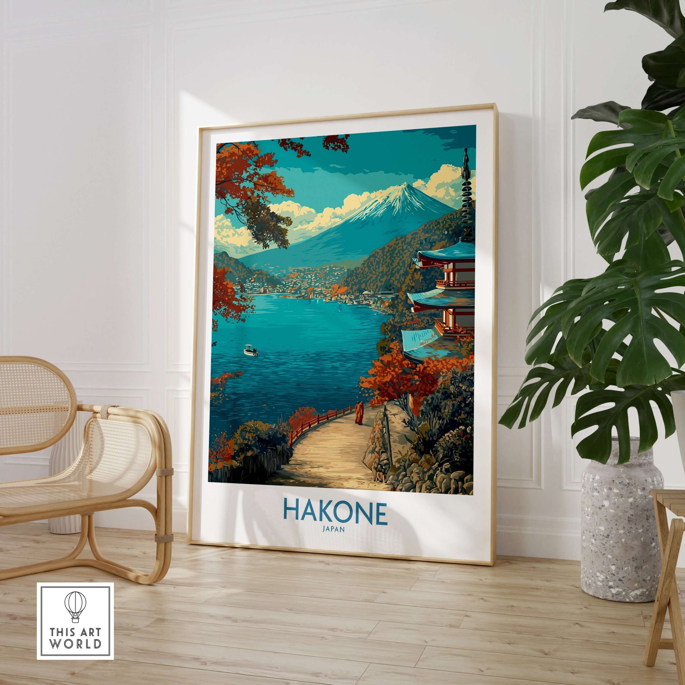 Hakone Japan Lakeside Temple Wall Art - Japanese Nature Travel Decor showcasing serene waters and traditional architecture.