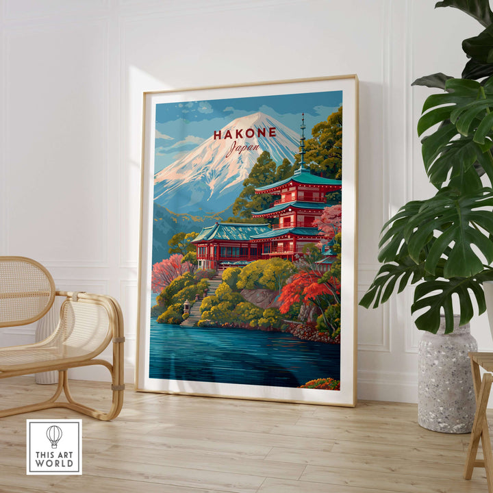 Beautiful Hakone Japan print featuring a historic shrine, Lake Ashi, and Mount Fuji in vibrant colors.