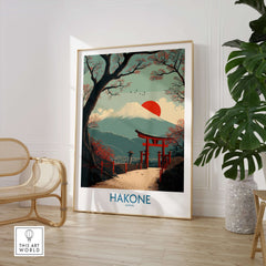 Hakone Japan Peace Gate Shrine Wall Art - Autumn Cherry Blossom Decor featuring Mount Fuji and a sunset.