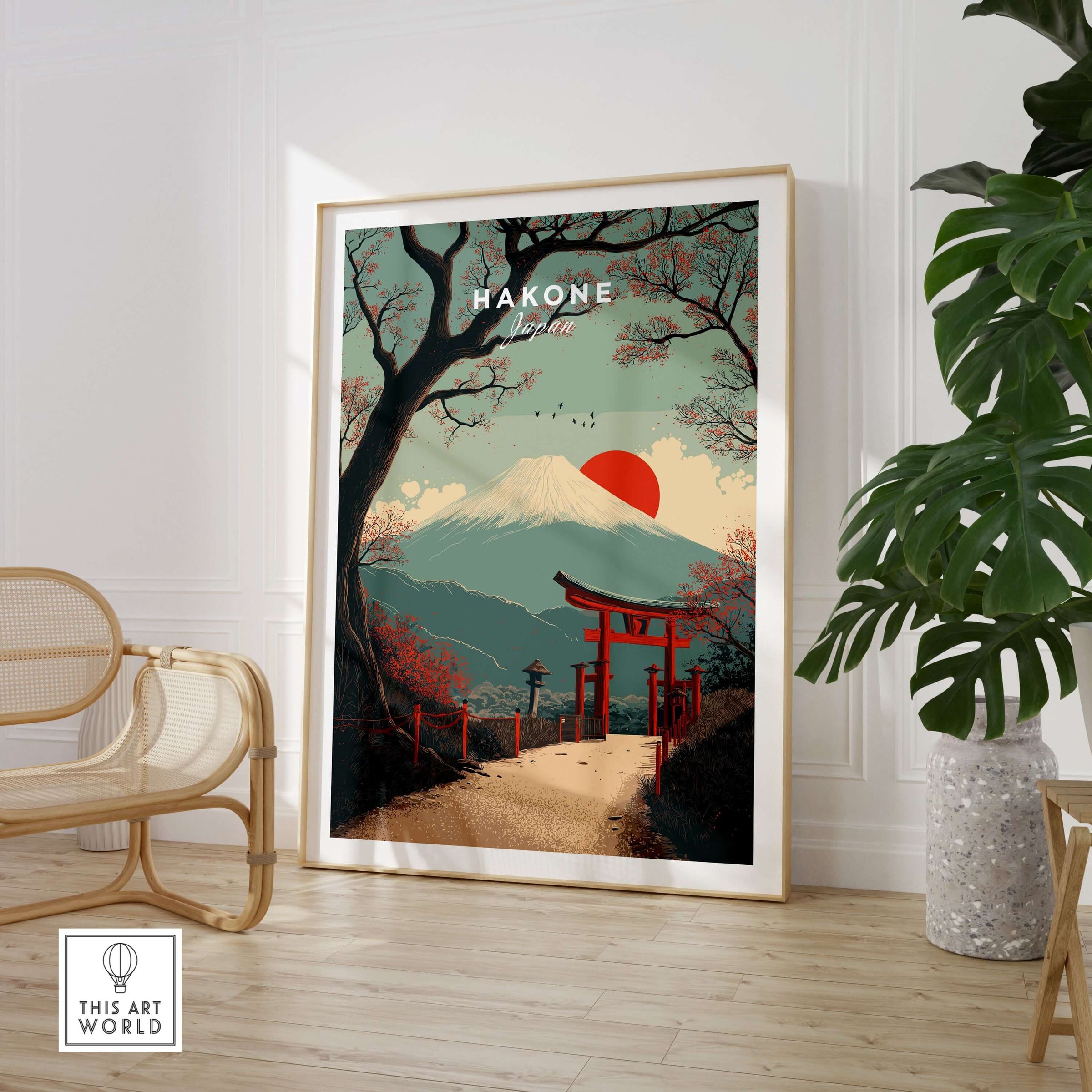 Hakone Japan Torii Gate Mount Fuji Print - Iconic Japanese Poster displayed in a stylish interior with natural elements.