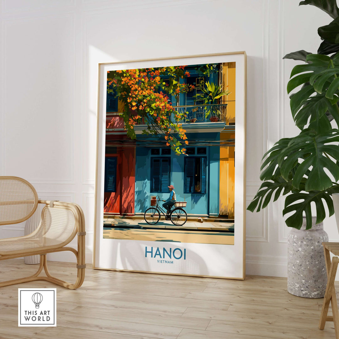 Hanoi wall art poster showcasing vibrant colors and charm of Vietnam, perfect for home décor and travel inspiration.