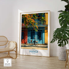 Hanoi Poster - Vietnam Wall Art featuring vibrant colors and a bicycle in a charming urban scene.