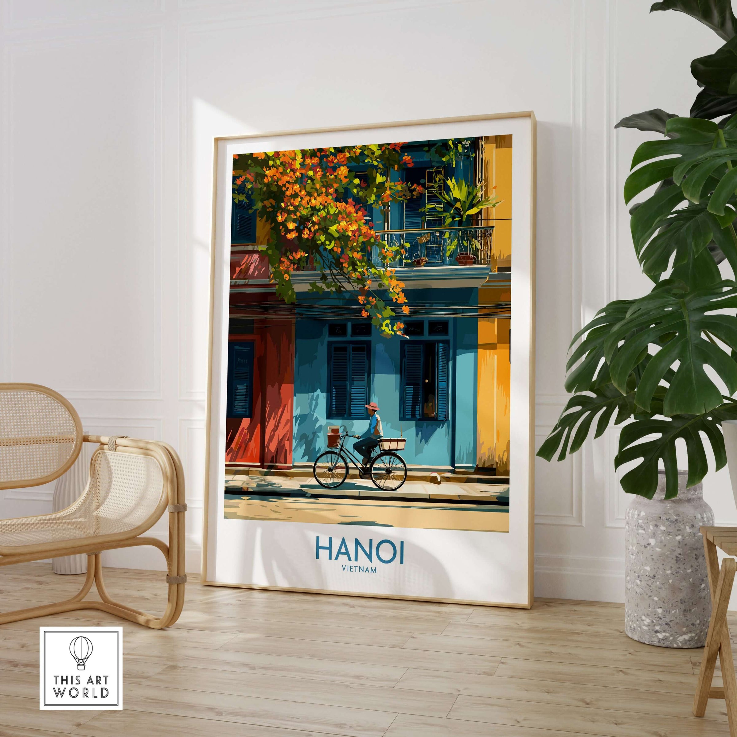 Hanoi Poster - Vietnam Wall Art featuring vibrant colors and a bicycle in a charming urban scene.