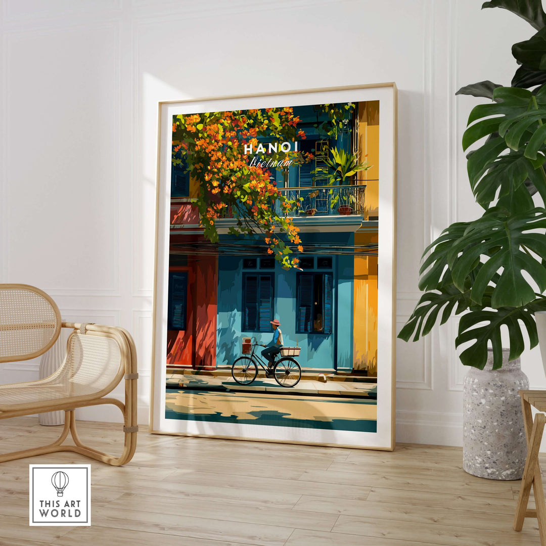 Vibrant Hanoi print featuring a cyclist among colorful buildings, perfect for urban wall art.