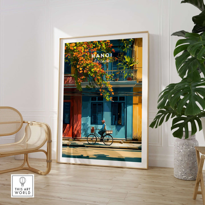 Vibrant Hanoi print featuring a cyclist among colorful buildings, perfect for urban wall art.