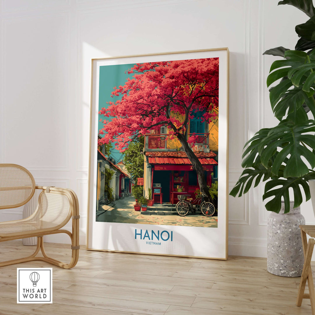 Hanoi Vietnam poster featuring a historic scene with vibrant pink trees and classic architecture, perfect for home decor.
