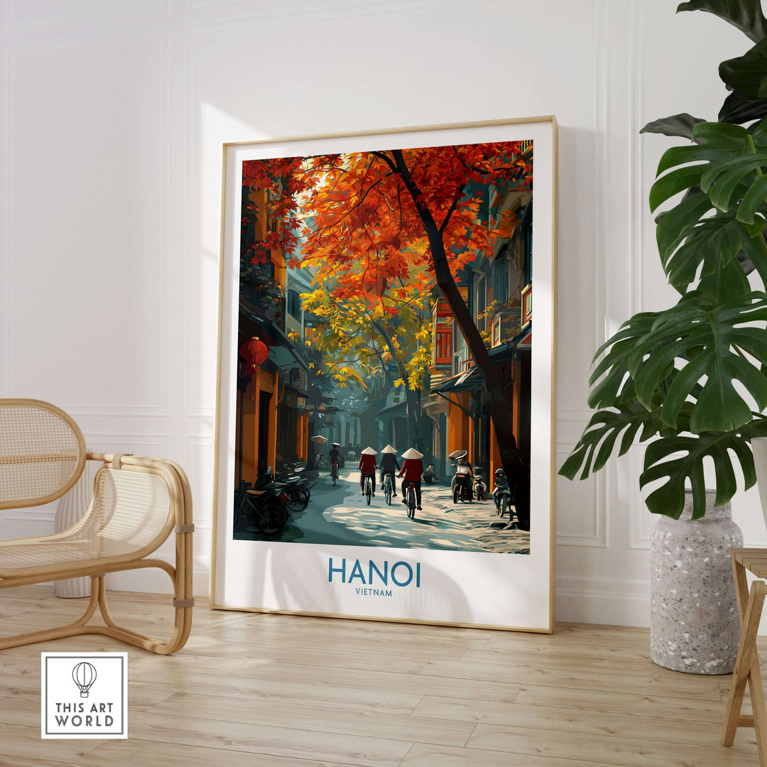 Hanoi wall art featuring traditional Vietnamese life in Old Quarter with vibrant autumn colors and street scenes.
