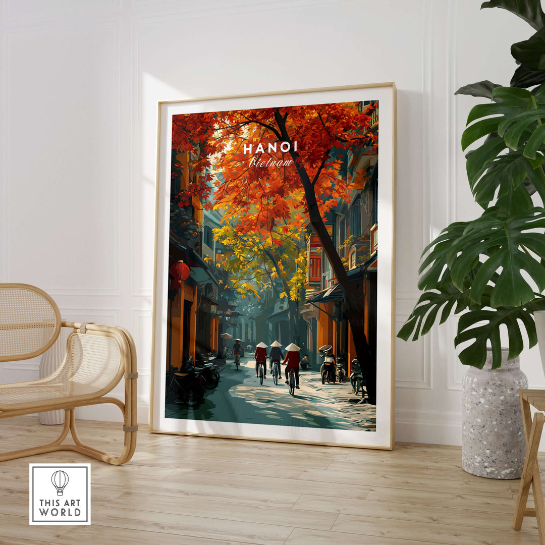 Hanoi poster with autumn leaves, showcasing vibrant street life in Vietnam's capital city.