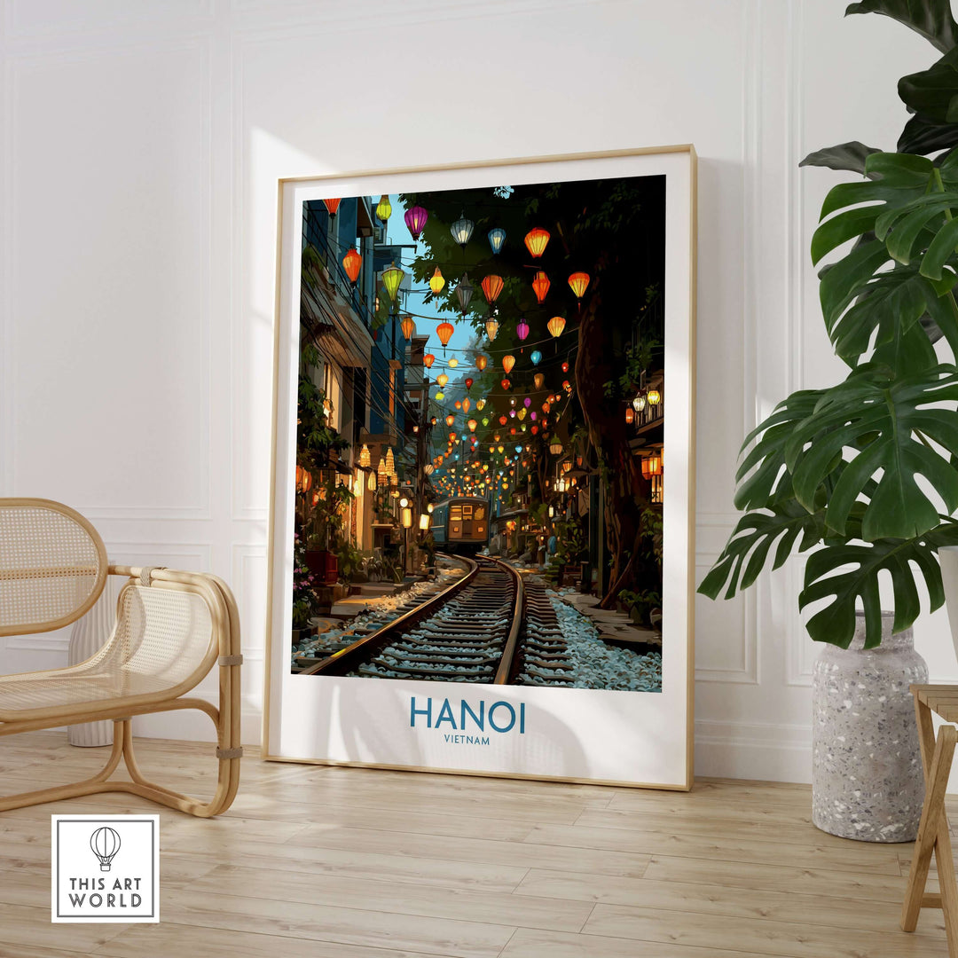 Vibrant wall art of Hanoi Train Street, showcasing colorful lanterns and a train track, perfect for home decor.