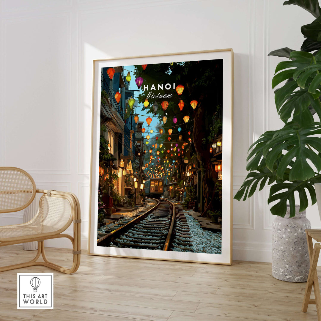Hanoi Vietnam Train Street print featuring vibrant lanterns and urban life in a stylish interior setting.