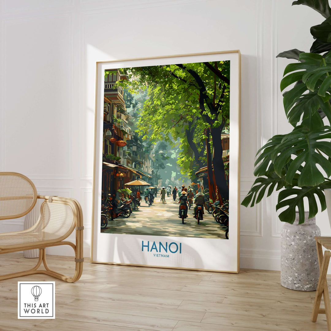 Hanoi Vietnam street wall art poster featuring bustling streets and vibrant greenery, perfect for home décor.