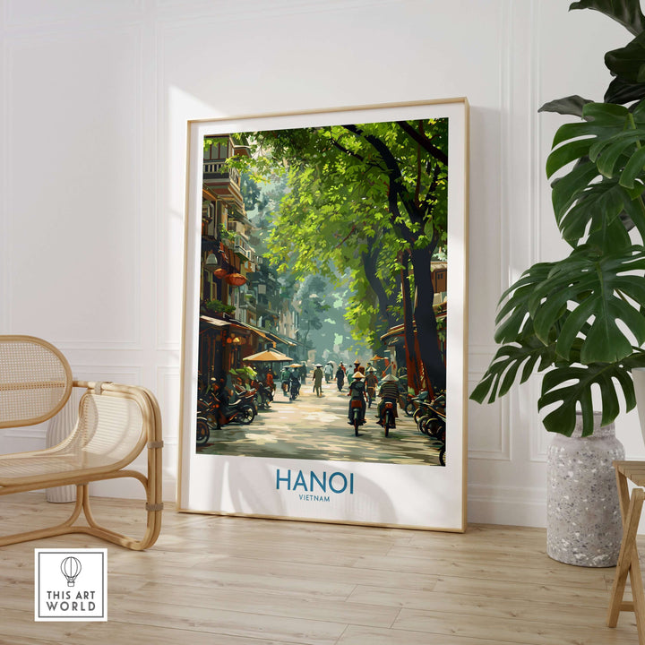 Hanoi Vietnam street wall art poster featuring bustling streets and vibrant greenery, perfect for home décor.