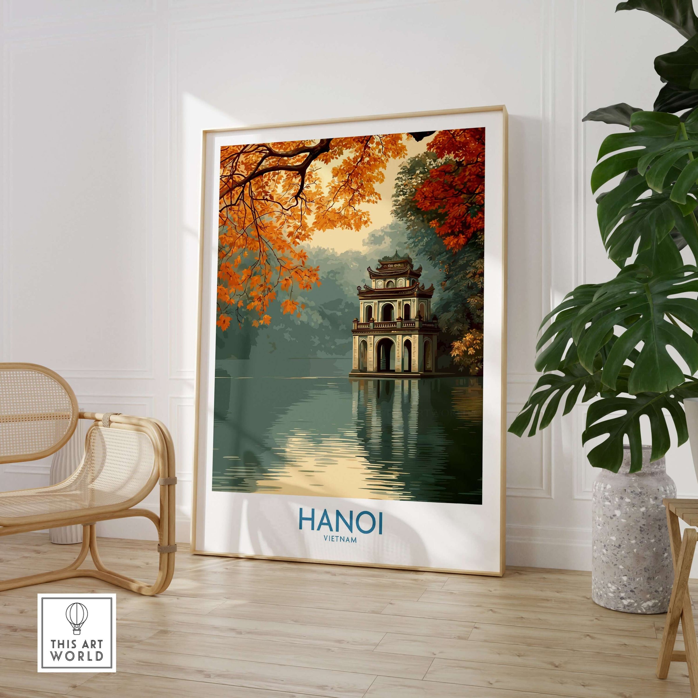 Hanoi Vietnam Turtle Tower Wall Art - Iconic Hanoi Landmark Decor showcased in a modern living space with autumn leaves.