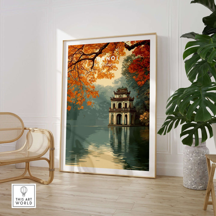 Hanoi Vietnam poster featuring Hoan Kiem Lake temple surrounded by autumn foliage, perfect for home decor.