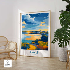 Hayle Estuary Panorama Wall Art - Cornish Travel Poster displayed in a stylish home setting with coastal scenery.