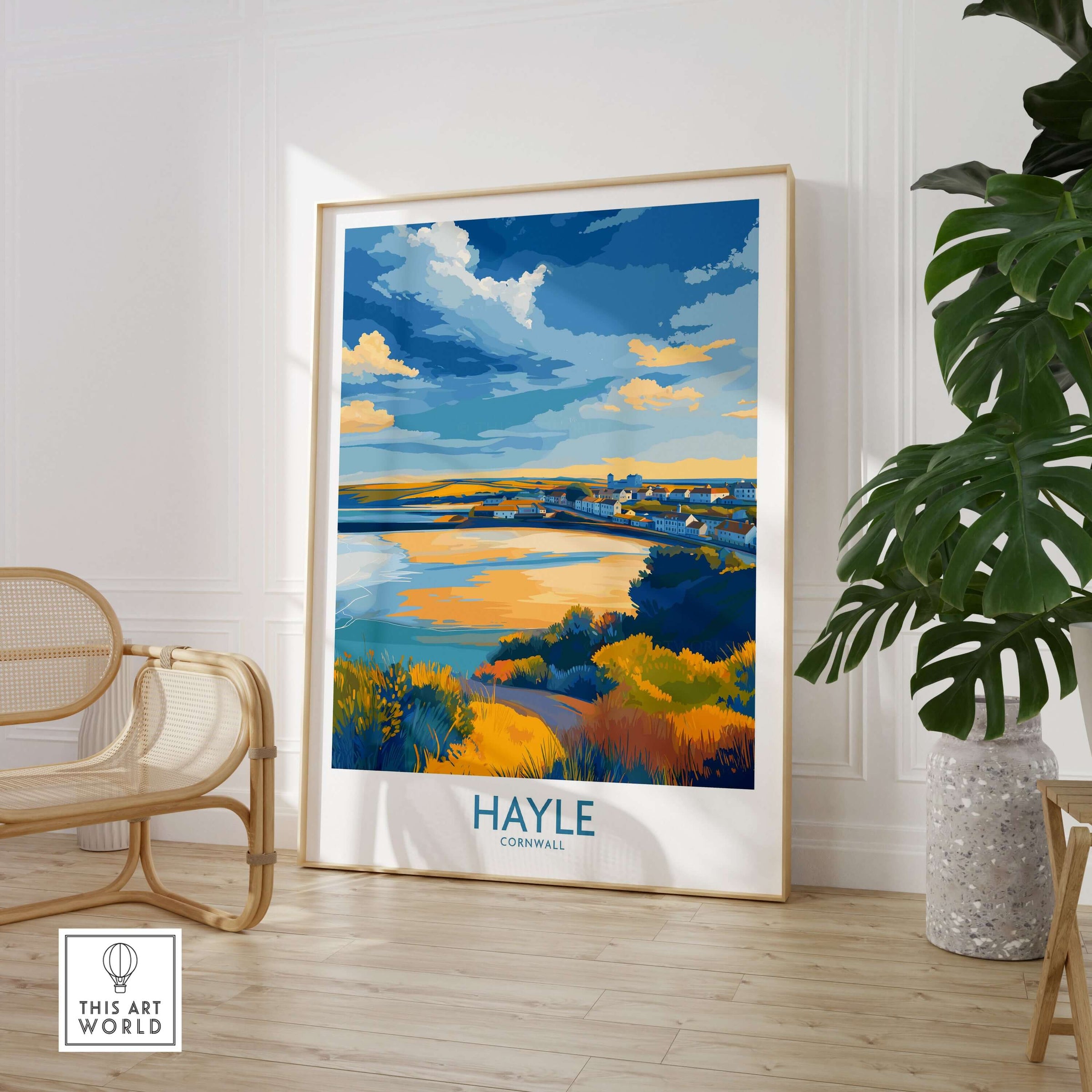 Hayle Estuary Panorama Wall Art - Cornish Travel Poster displayed in a stylish home setting with coastal scenery.