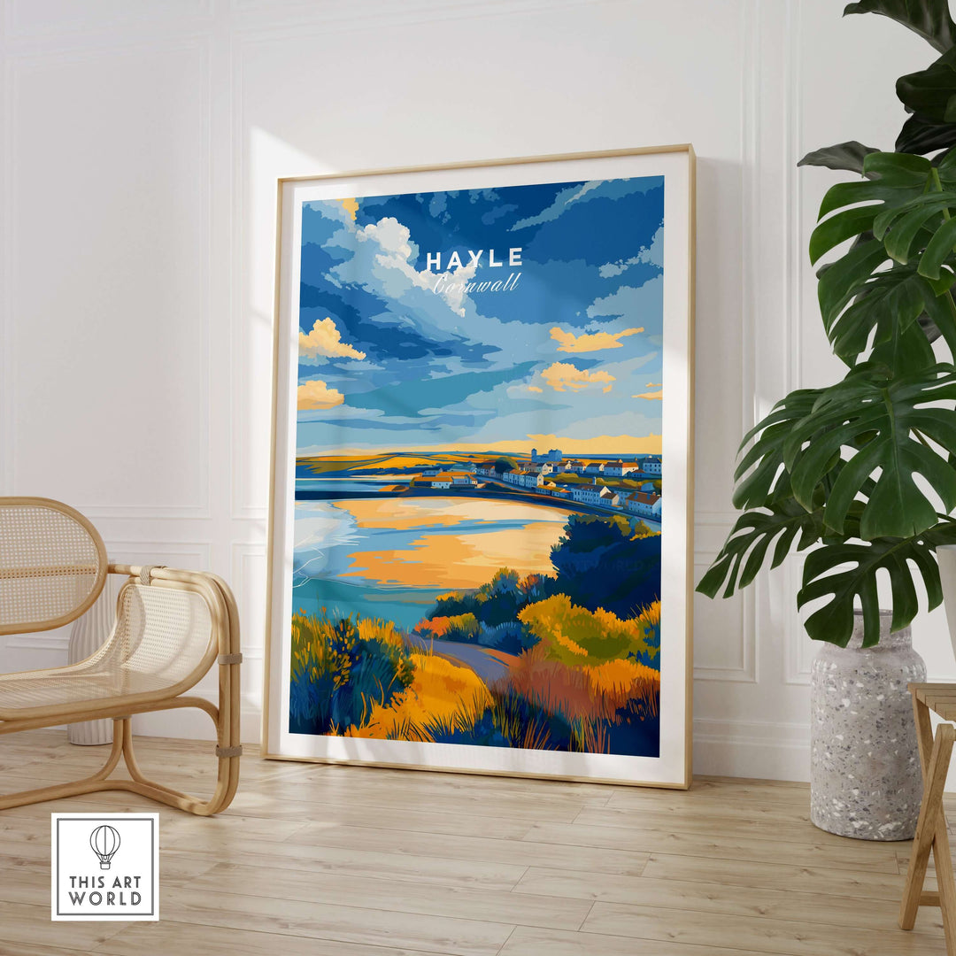 Hayle Cornwall coastal landscape poster in a framed display, showcasing vibrant blue skies and beach views.