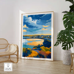 Hayle Cornwall Poster - UK Coastal Landscape Print in a stylish room with a plant and chair.