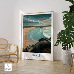 Hayle Sandy Beach Poster - Cornish Travel Decor displayed in a stylish home interior with greenery.