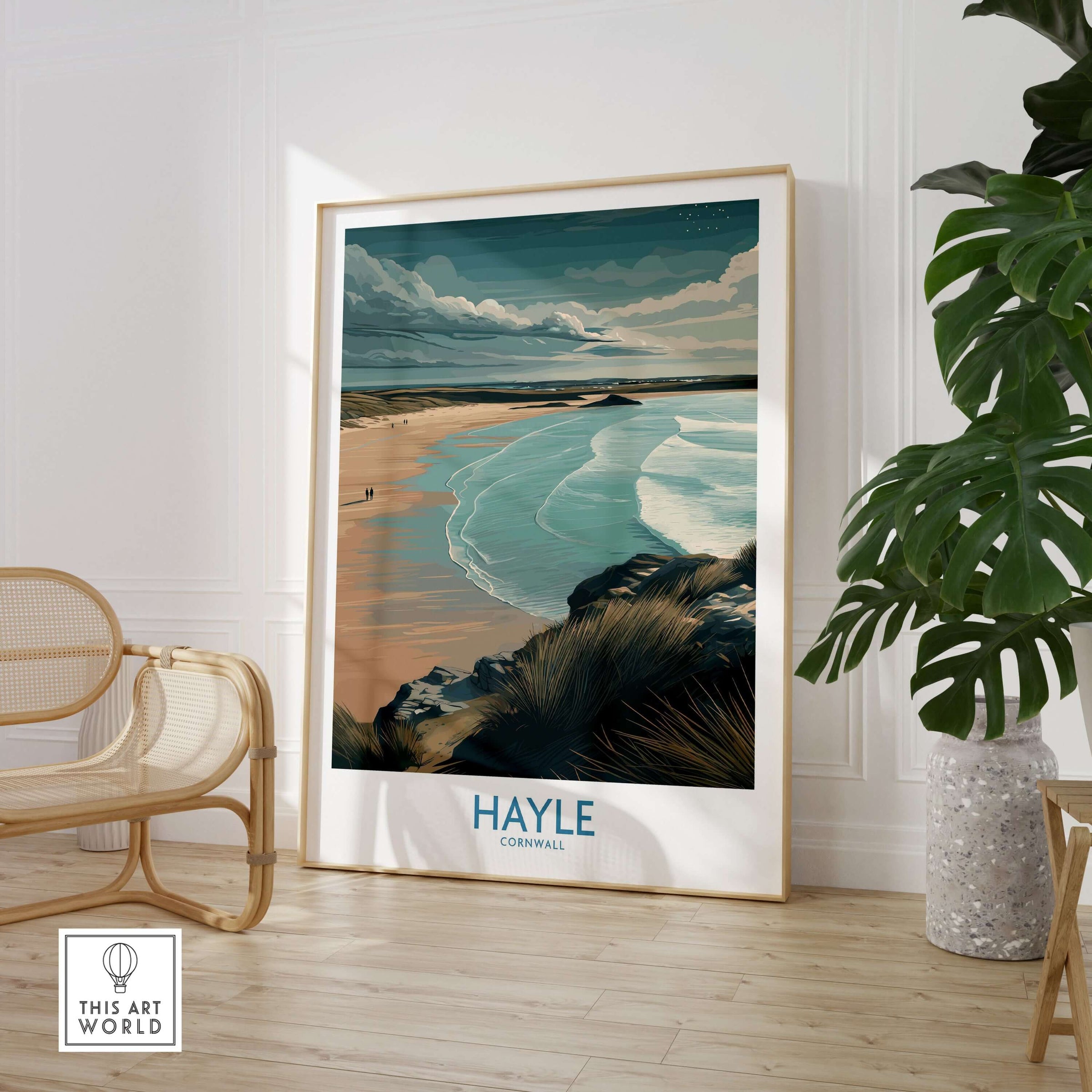 Hayle Sandy Beach Poster - Cornish Travel Decor displayed in a stylish home interior with greenery.