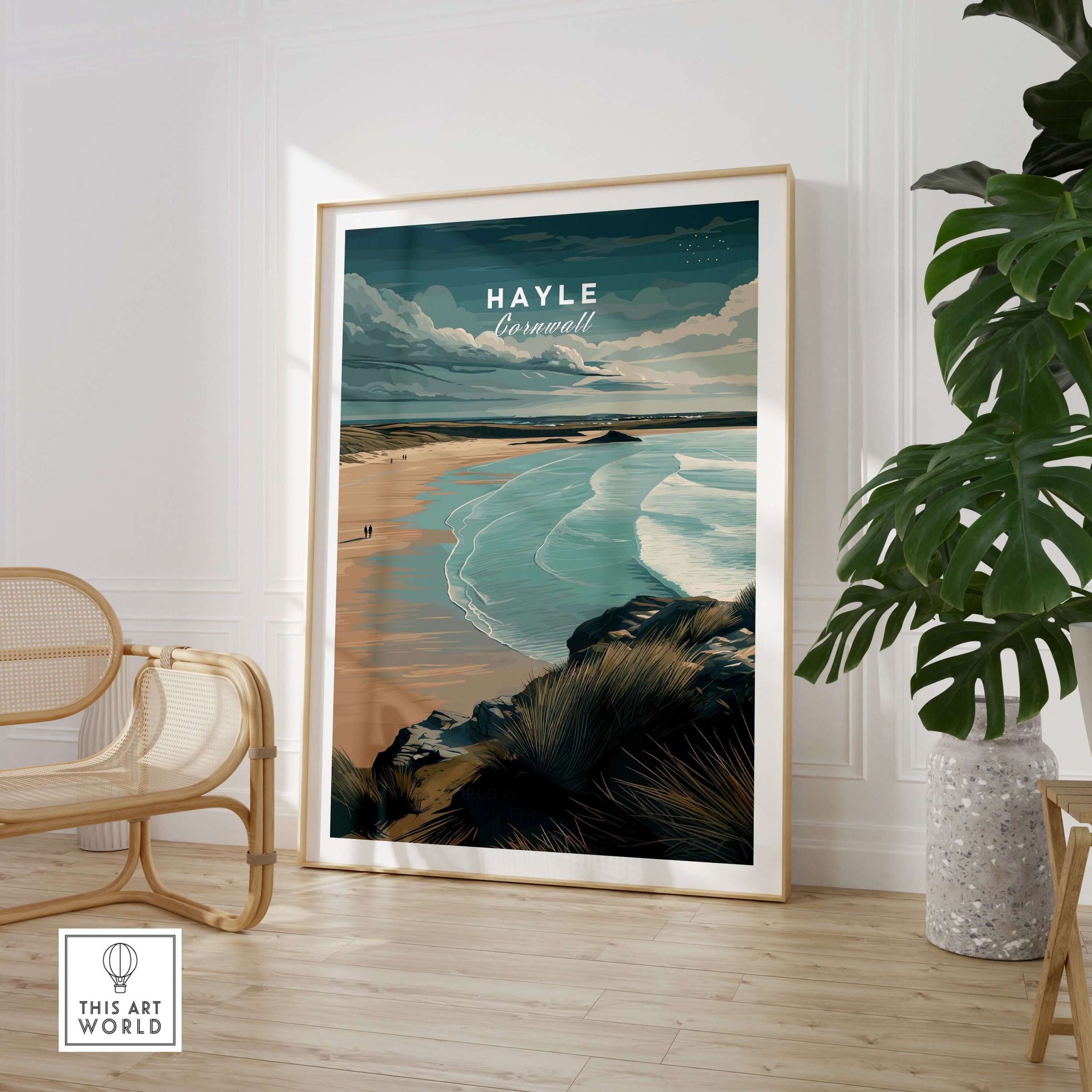 Hayle Cornwall Coastal Beach Print - Seaside Cliffs Wall Art featuring serene ocean views and dramatic cliffs.
