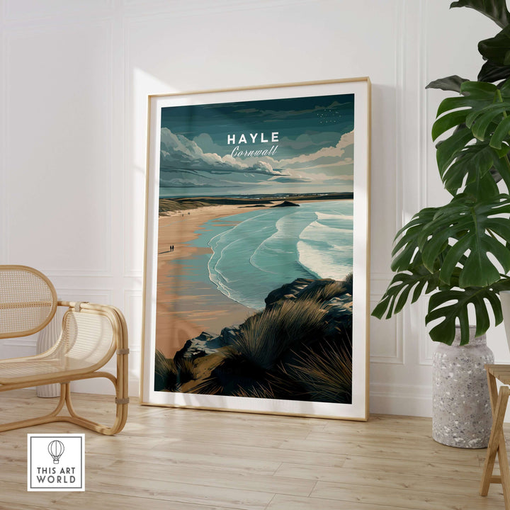 Hayle Cornwall coastal beach print featuring seaside cliffs and serene ocean views in an elegant home setting.