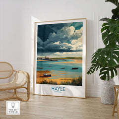 Hayle Cornwall Stormy Sky Seascape Poster - Cornish Travel Print displayed in a stylish interior setting.