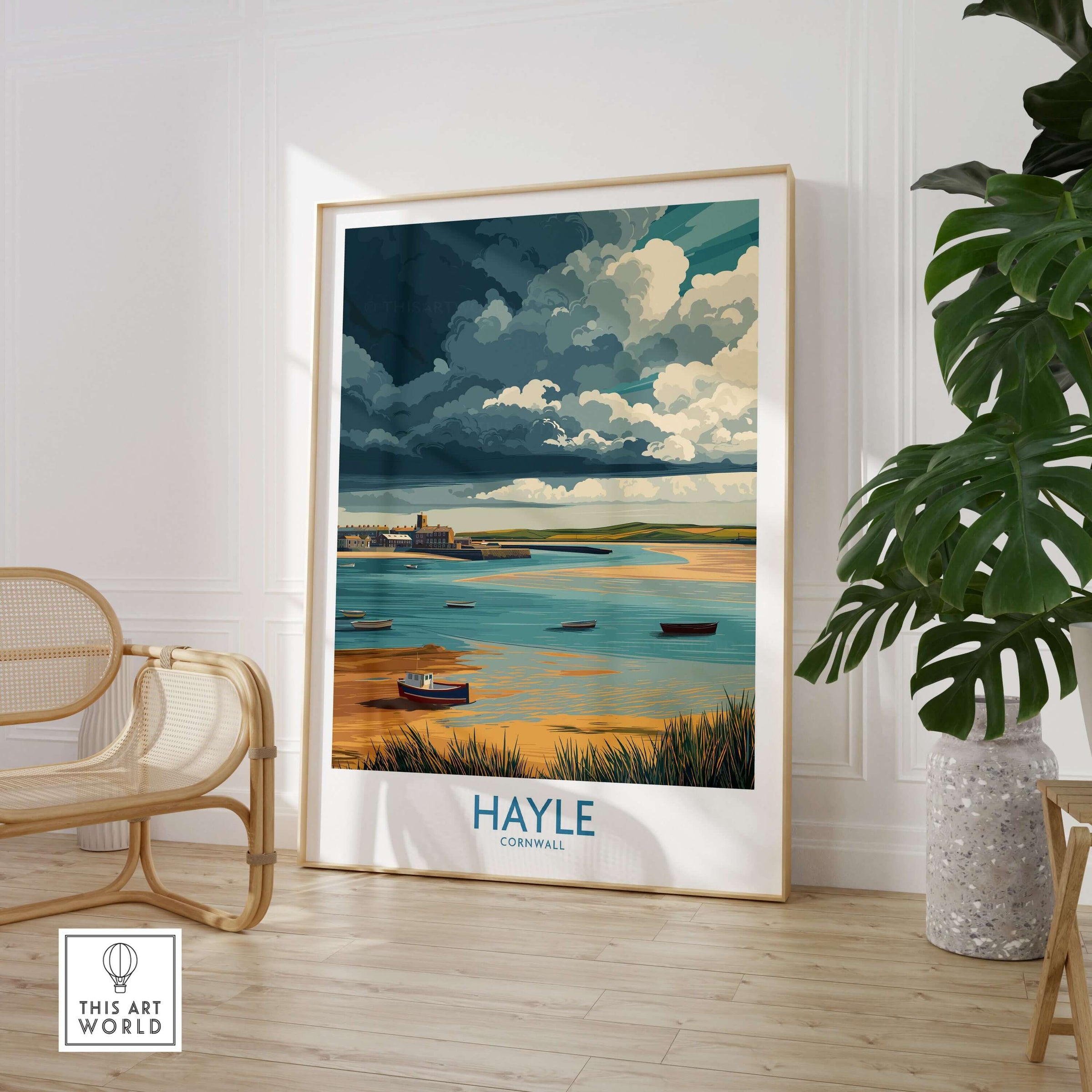 Hayle Cornwall Stormy Sky Seascape Poster - Cornish Travel Print displayed in a stylish interior setting.