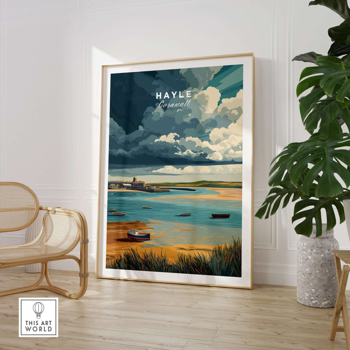 Hayle Boats in the Bay print showcasing coastal Cornwall with elegant boats and serene waters in a stylish room setting.